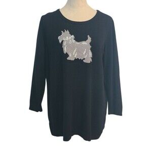 Quacker Factory Holiday Scottie Sequin Black Sweater Womens M Dog Comfy Cozy